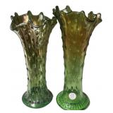 Pair Green Carnival Glass Tree Vases