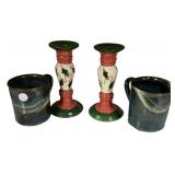 Signed Donna Ceramic Candlesticks & Pottery Mugs L