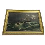 17"h 24"w Antique Maritime Oil Painting Ship in