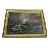 17"h., 24"w Antique Stormy Seascape Oil Painting