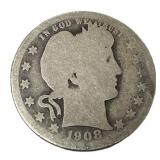 1908 Barber Quarter Dollar Silver Coin