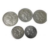 US Three Cent Coins Lot of 5 1851-1881