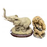 Resin Elephant & Leopard Figurines Pair