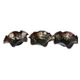 Set of 3 Carnival Glass Ruffled Bowls