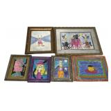 Lot of 6 Folk Art Mixed Media Paintings