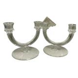 Pair Clear Glass Double Candelabras