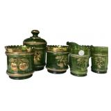 Green Glass Cherry Pattern Table Set