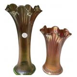 Pair Carnival Glass Ribbed Ruffled Vases