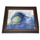 10"h., 12"w Framed Watercolor Ocean Wave Paintin