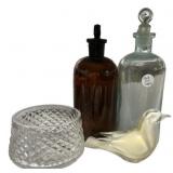 Glass Bottles, Crystal Bowl & Bird Lot