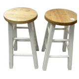 Pair Wood Counter Stools White Base