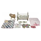 Lot includes a vintage brass-tone metal doll crib