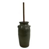 Stoneware churn, 3 (in script), lid & wooden