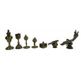 Brass oil lamps: 2 finger lamps, 3.5' base, 5.5' &
