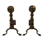 Vintage brass andirons, ball top & log stop, 16.5'
