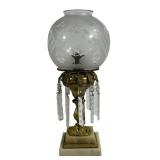 Marble base lamp, French gilt stem, cut prisms,