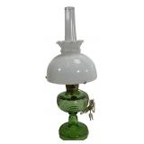 Aladdin lamp, green glass, milk glass shade 9.5',