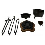 Iron: Wrought tongs, 20'L / Cast iron planter,