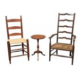 Two Ladder Back Chairs and Pedestal Table