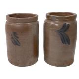 2 stoneware crocks, blue thumb designs, 8.5'T,