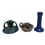 Art pottery candle holder, 5' dia. / Blue glaze