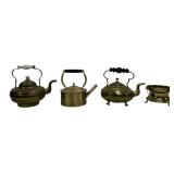 cccBrass teapots: 7' dia., wooden handle, footed /