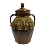 Redware Food Jar, slip glaze over fish net design,