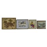 Lot of four framed wall pieces. Includes a large