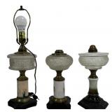 3 Victorian lamps: Iron base, decorated milk glass