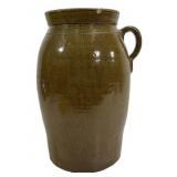 6 gallon churn, brown glaze (crack near handle &
