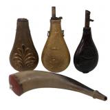 Powder flasks: leather, hunting dogs on sides,