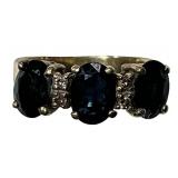 14K gold ring,  size 6.5 small diamonds & 3 blue