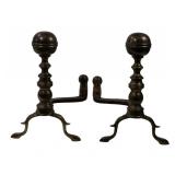 Brass andirons, cannon ball top, brass to log stop
