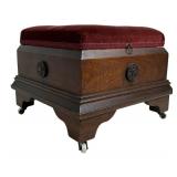 Walnut ottoman, lift top has red velvet upholstery