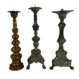 Hammered tin altar candlestick, 7' base, 14.5'T /