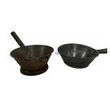 Tin pan with copper bottom, 9' dia. / Tin sieve,