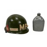 World War II Military Police Helmet and Canteen