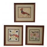 Three Framed Folk Art Bird Paintings