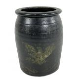 Stoneware crock, black glaze with eagle & stars,