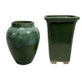 Art pottery: Vase - green drip glaze, 9' dia., 11.