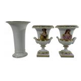 2 Old Paris Portrait urns, 2.5' base, 6.75'T / KPM