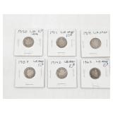 Group of (6) US Silver Dimes 1911-1916S