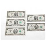 Group of (5) 1976 US $2 Bills Sequential Serial +