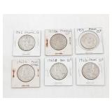 Group of (6) US Silver Half Dollars 1958-1963D
