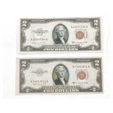 (2) US Red Seal $2 Bills 1953B