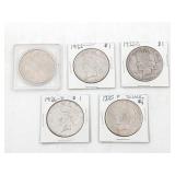 Group of (5) US Peace Silver Dollars 1922-1935