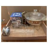 Glass pitcher, glass chafing dish, butter bell,