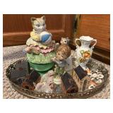 Cat musical box, mirrored tray and figurines