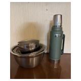 Stanley green thermos & misc metal mixing bowls