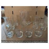 Glass etched pitcher, 7 tall glasses & 4 small